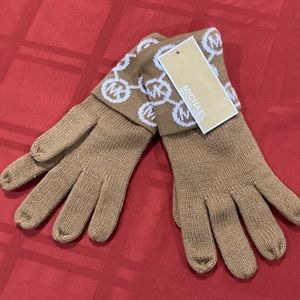 Michael Kors women winter gloves Dark Camel Cream and white MK logo one …